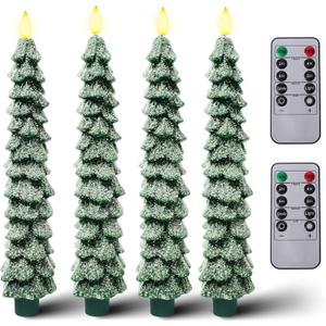 LiuSuper 4 Pack Christmas Tree LED Candles with Remote, Snow Covered Real Wax Flameless Taper Candles with 3D Flickering Flame, Lights Xmas Candlesticks for Christmas Home Party Decor