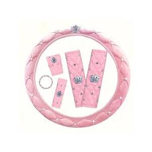 Bling Car Accessories Set for Women, Diamond Steering Wheel Cover, Rhinestone Center Console Pad Seat Safety Belt Pad Handbrake Cover Gear Shift Stick Protector Car Emblem Ring(Pink