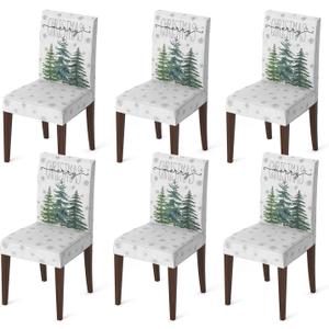 Horaldaily 6PCS Christmas Dining Chair Covers, White Christmas Pine Trees Stretch Removable Washable Slipcover Chair Protector for Dining Room Home Decor
