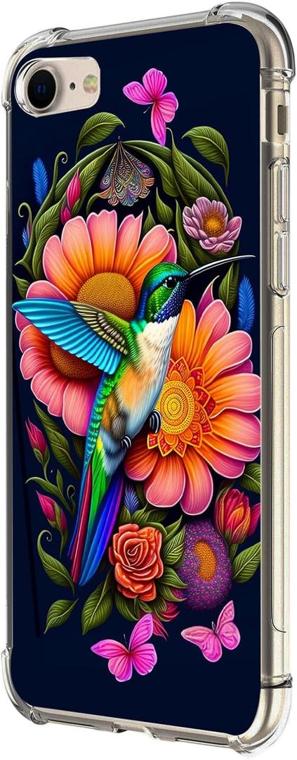 Case for iPhone SE 3rd Gen 2022,Hummingbird Butterfly Flowers Drop Protection Shockproof Case TPU Full Body Protective Scratch-Resistant Cover for iPhone SE 2020 7 8