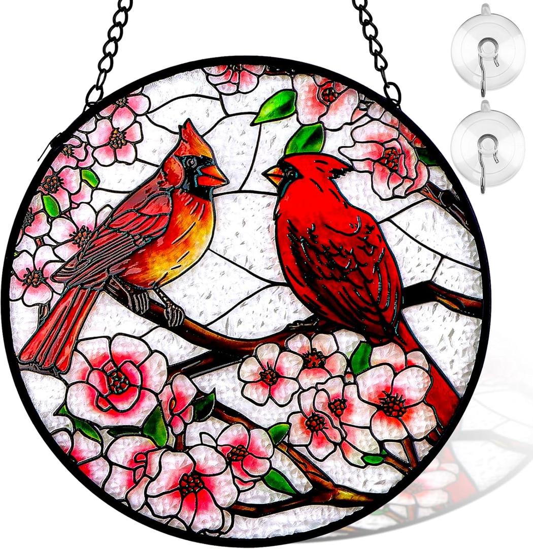 Remiawy Cardinal Stained Glass Window Hanging, 6 Inch Sun Catcher Glass Panel with Metal Chain and Hooks Suncatcher Indoor Window Wall Art Home Decor Gift for Bird Lovers Women Mother's Day Christmas