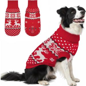 Christmas Dog Sweater for Small Medium Large Dogs Boy Girl, Warm Fleece Cable Turtleneck Pullover for Chihuahua, Pug, Labrador, Golden Retriever, Cold Weather Soft Winter Clothes (Deer Red) L