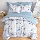 6 Piece Bed in a Bag Twin Comforter Set with Sheets, Blue Flower Branch on White Botanical Bedding Sets for Kids (1 Comforter, 2 Pillow Shams, 1 Flat Sheet, 1 Fitted Sheet, 1 Pillowcases)
