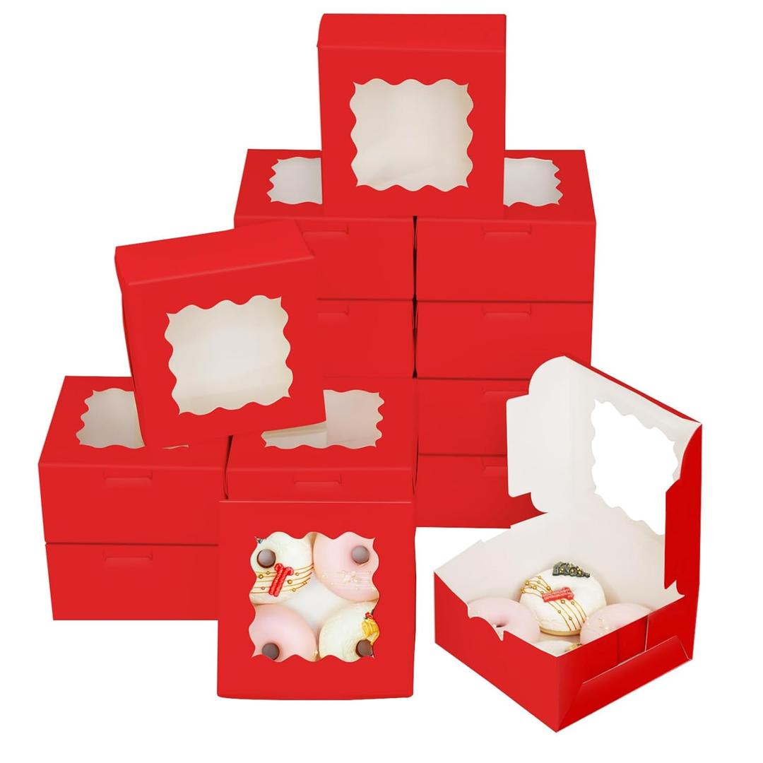 Bakepacker 60pcs Red Cookie Boxes 6x6x3 inches Easy Assemble Macaroon Pastry Boxes Bakery Boxes with Window for Bakery