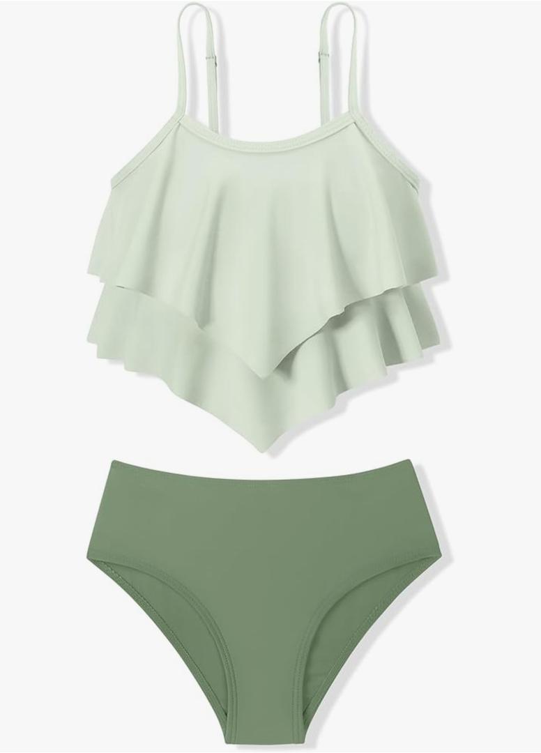 oklady Girls Swimsuit 2 Piece Bikini Set Tiered Ruffled Bathing Suit Adjustable Straps Girls' Swimwear, Green, 7-8Y