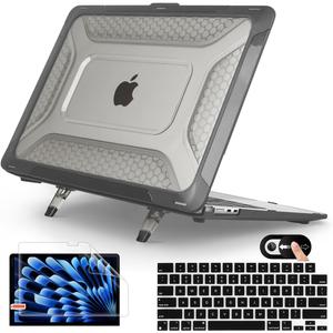 Mektron Shockproof Case for MacBook Air 15 inch 2023 with M2 /M3 Chip Model A2941/A3114,15.3 Heavy Duty Protective Hard Shell Cover with Fold Kickstand with Keyboard SkinC-Black