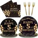 96PCS 5th Birthday Party Plates Set Black and Gold Theme Decorations Include Black Gold Plates and Napkins Forks for 5 Year Old Boys Girls Birthday Party Supplies Serves 24 Guests