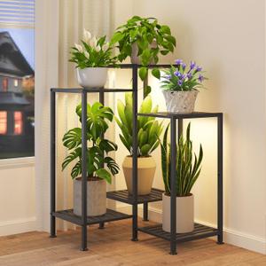 iDavosic.ly Indoor Plant Stand with Grow Light, Metal 6 Tier Corner Flower Holder Shelf Outdoor for Large Pots, Tall Rack for Patio Porch Balcony Living Room, Black