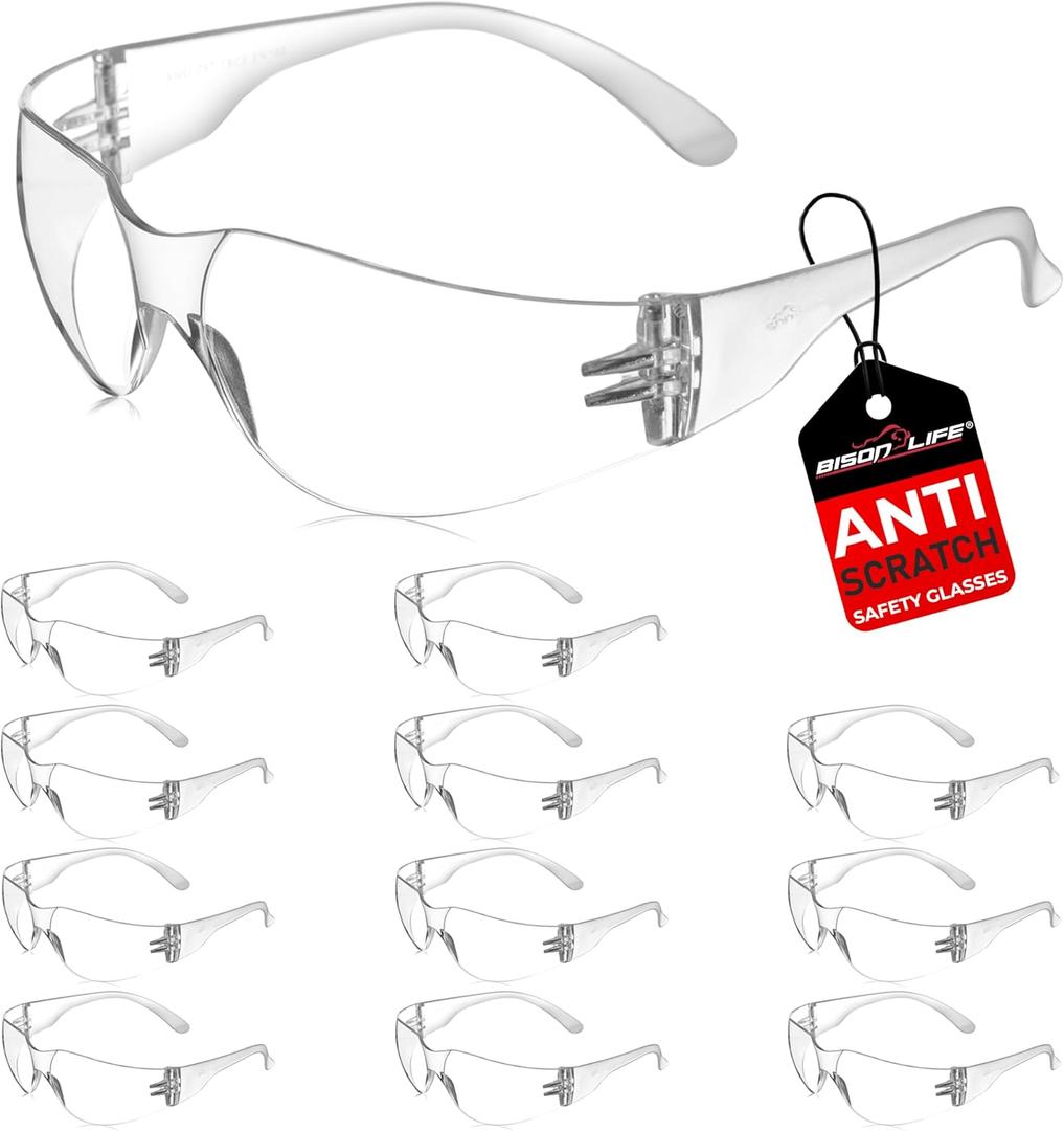 BISON LIFE Safety Glasses - Scratch Resistant Wrap Around Eyewear, Polycarbonate ANSI Z87.1 Impact Resistant Lens (Clear/Clear)