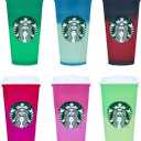 Starbucks Plastic Holiday 2021 Limited Color Changing Reusable Hot Cups with Lids - Set of 6