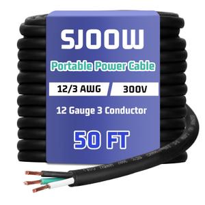 Copkim 12/3 AWG 50 FT Portable Power Cable SJOOW 300V Electrical Wire Pure Copper Heavy Duty Rubber Outdoor Extension Cord for Motor Machinery Marines Automotive