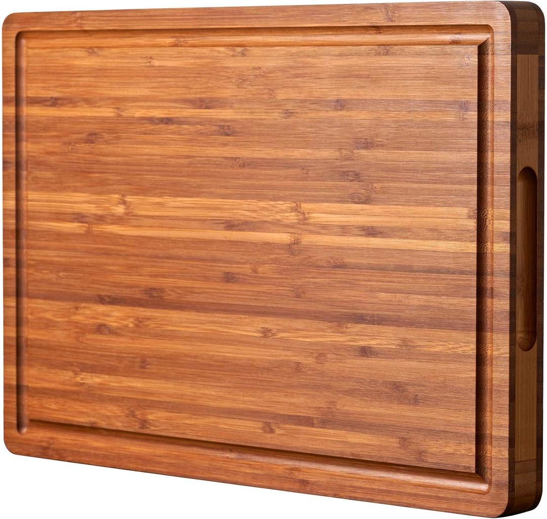 Bamboo Wood Cutting Board for Kitchen, 1" Thick Butcher Block, Cheese Charcuterie Board, with Side Handles and Juice Grooves, 16x11" (16"L x 11"W, Brown)