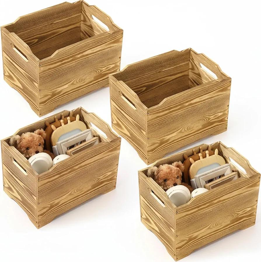 Maxdot 4 Pcs Large Stackable Wood Storage Crates Cubes Boxes with Handles 14 Inch Rustic Storage Bins Crates Baskets for Shelves Closet Bookcase Office Home Storeroom