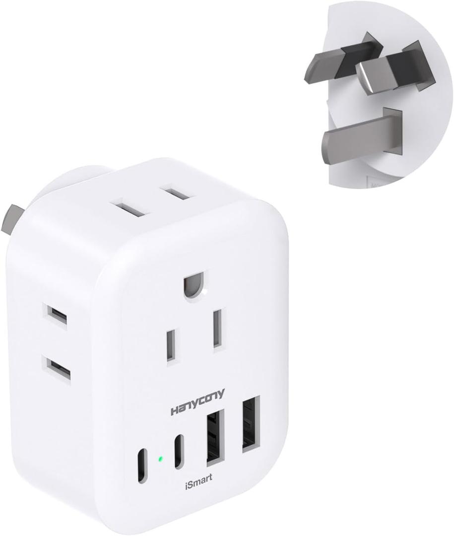 US to Australia Plug Adapter, New Zealand Power Adapter, Type I Plug Adapter with 4 Outlets 4 USB Ports(2 USB C) for USA to Australia AU China Argentina Fiji Cruise Travel Adapter Must Haves