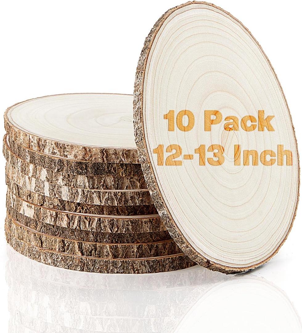 Set of (10) 12-13 Inches Large Wood Slices, Wood Centerpieces for Tables, Wood Slices for Centerpieces, Unfinished Wood Rounds for Wedding, Baby Shower, Party, Natural Paulownia Wooden Slabs