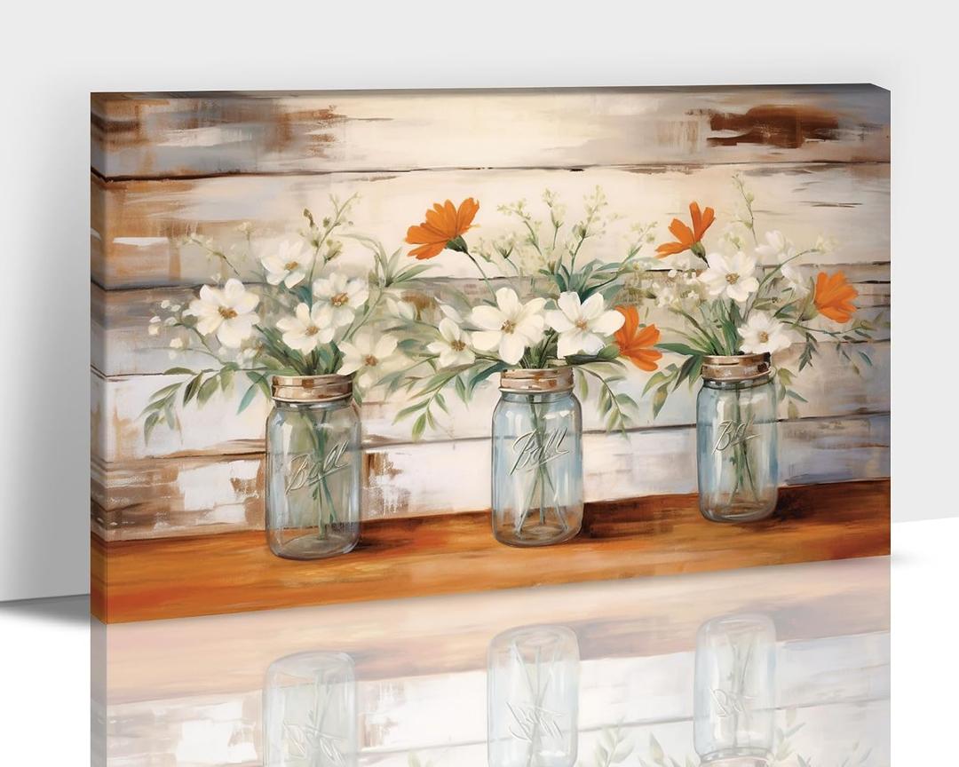 Hzddty Farmhouse Bathroom Wall Decor - Rustic Floral Wall Art, White Flower Picture Artwork for Walls, Country Canvas Print for Bedroom Living Room Office Wall Decor 18x24 Inches
