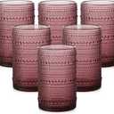 Vintage Glassware Drinking Glasses Set of 6,15 oz Hobnail Glass Cups,Embossed Purple Water Tumbler,for Beer,Cocktail,Whiskey,Juice and Various Mixed Drinks- 1 Cleaning Brush