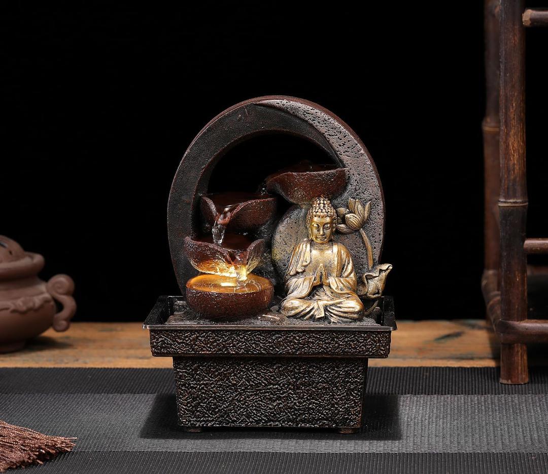 Tabletop Water Fountain Buddha Statue Zen Meditation Desktop Indoor Waterfall Fountain Tabletop Humidifiers Relaxation for Office, Living Room, or Bedroom