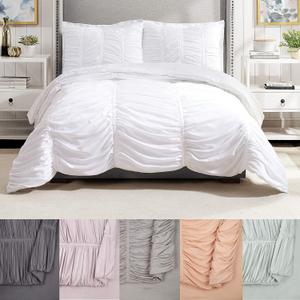 Emily Texture (White) 3-Piece Comforter Set, Ruched All Seasons Bedding, Machine Washable - Full Queen Size