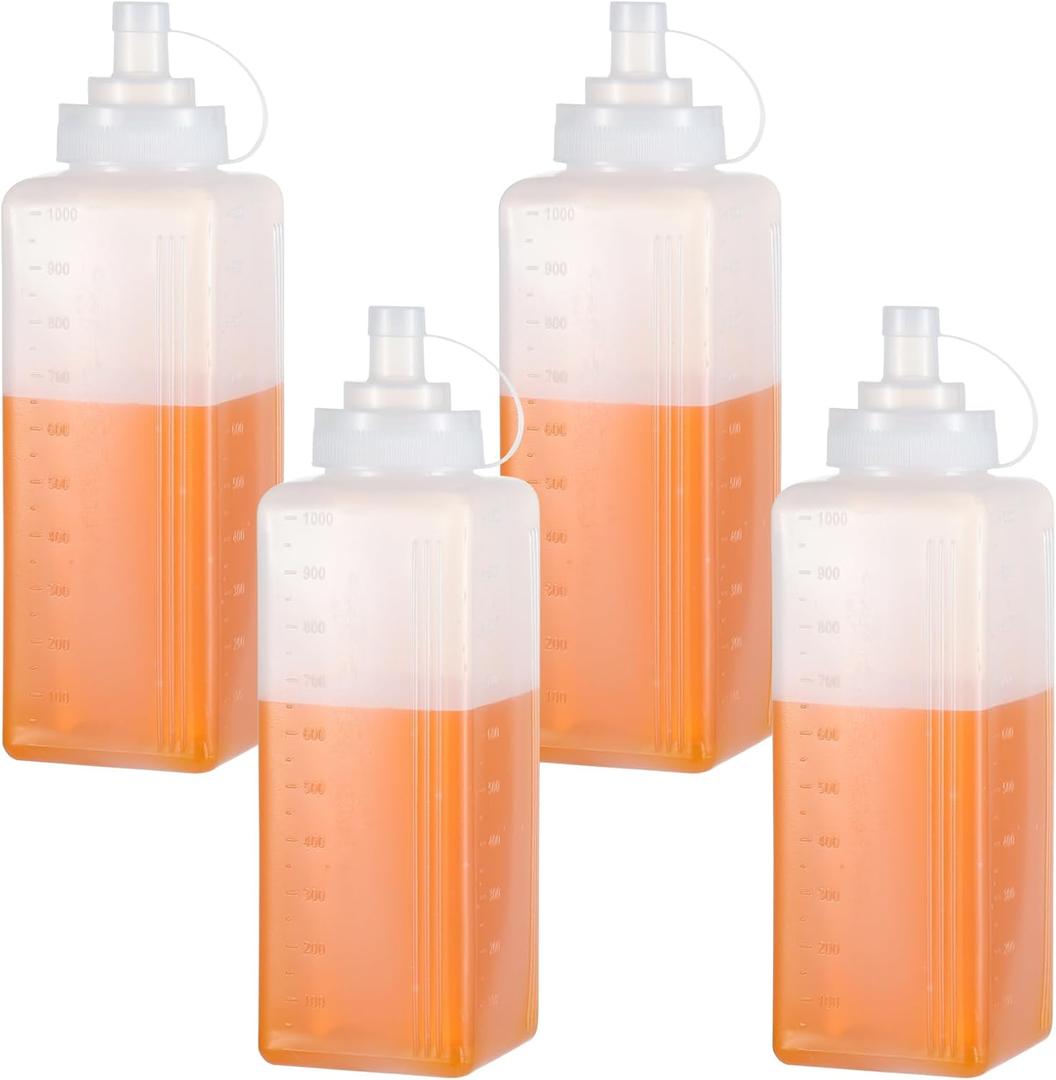 4 Pack 1 QT Large Condiment Squeeze Bottle for Sauses, 34oz Wide Mouth Liquids Dispenser Bottles with Lid, For Ketchup, Taco, Marinara, Pasta, BBQ, Spaghetti, Tomato Sauce, Restaurant-Grade Design