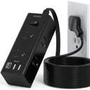 10Ft Extension Cord with Multiple Outlets, Flat Plug Power Strip Surge Protector with 10 Ft Long Cord, 6 Outlet 3 USB Ports (1 USB C), Multi Outlet Wall Plug for Travel, Dorm Room Essentials-Black