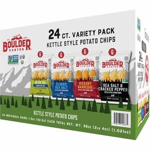 Boulder Canyon Kettle Style Potato Chips Variety Pack, 24 Count, Assorted 1.5oz. Bags, Olive Oil Classic Sea salt, Hickory BBQ, Sea Salt & Cracked Pepper, Classic Sea salt
