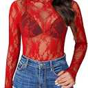 Avidlove Women's Mesh Top Long Sleeve Mock Neck Sheer Blouse See Through Floral Lace Tops (Red, Medium)