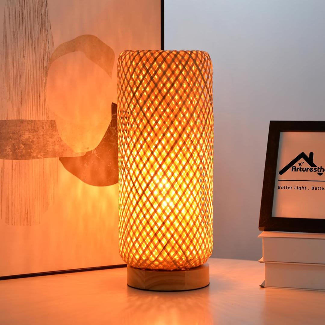 Arturesthome Bamboo Table Lamps with Shade, Rustic Farmhouse Boho Coastal Desk Lamp Night Light for Decorative Bedroom, Study Room, Cafe, Bookcase (5.9"x15.7")