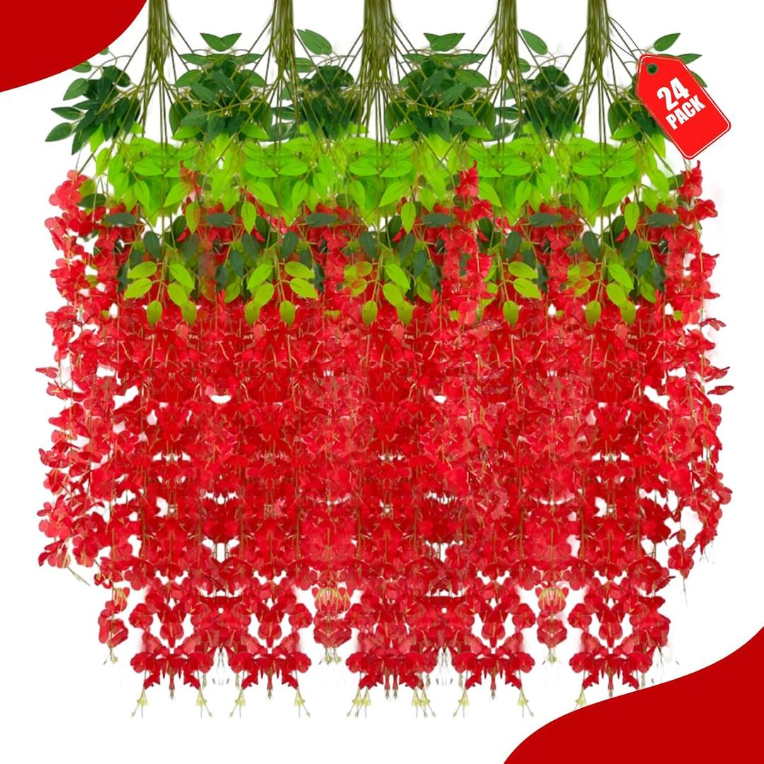 24 Pack Red Wisteria Hanging Flowers, 3.4 Ft Fake Hanging Flowers, Artificial Wisteria Garland Vines for Wedding Room Backdrop Outdoor Patio Garden Valentine's Decoration