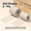 ECO BOOM Unbleached Bamboo Toilet Paper, 100% Tree-Free & Plastic-Free Packaging, 24 Mega Rolls, 360 Sheets & 3-Ply | PFAS Free, BPA Free, Septic Safe & FSC Certified