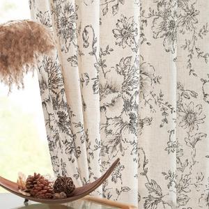 jinchan Linen Blend Curtain Floral Curtains for Living Room 90 Inch Length Black Printed Curtain Rod Pocket Back Tab Farmhouse Peony Flower Patterned Drapes Bedroom Window Curtains Set 2 Panels