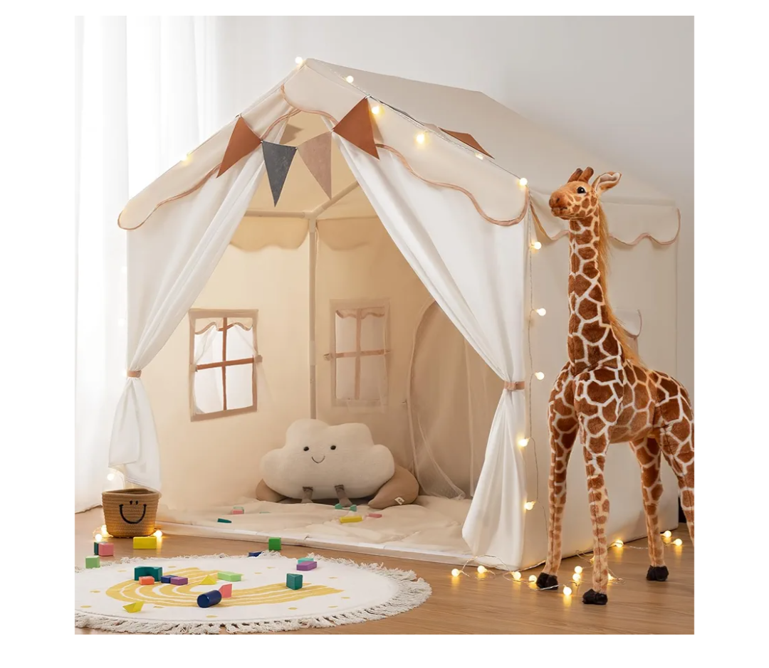 Besrey Kids Play Tent 2 in 1 with Padded Mat and Lights, Large Kids Playhouse with 2 Doors & 4 Windows, Indoor & Outdoor, Christmas Toddler Tent, 51" x35" x 51"