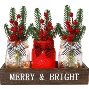 DIYDEC 3PCS Christmas Mason Jars 3*5Inch lighting Painted Xmas Tiered Tray Decorative Jars with Wood Tray &Artificial Flowers Wishing Bottles for Winter Holiday Home Table Centerpiece Decor Gift (Red)