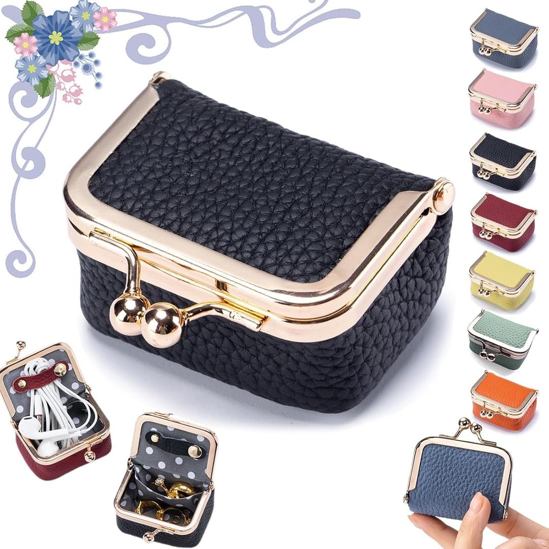 Genuine Leather Mini Jewelry Box, Portable Vintage-Inspired Genuine Leather Coin Purse Jewelry Case with Kiss Lock, Mini Travel Ring Box for Women for Earring/Ring/Necklace/Bracelet,(Black)
