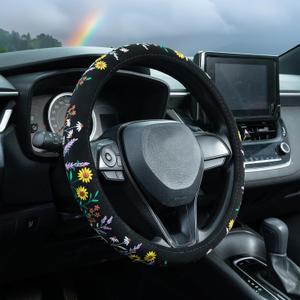 Embroidered Sunflower Lavender Cute Black Steering Wheel Cover, Auto Anti-Slip Breathable Steering Wheel Protector, Butterfly Floral Car Accessories for Women,Universal Size Fit Most Cars -15 inch