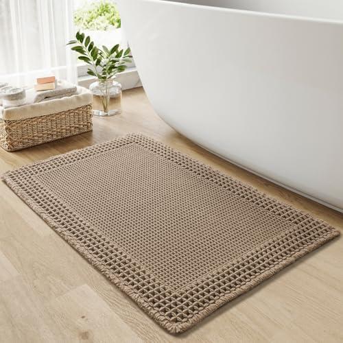 RESARE Waffle Bath Mat, Super Absorbent Non Slip, Machine Washable, Ultra Soft Boho Bath Rugs with Tassels, Upgraded Bordered Design, 17"x24" Brown Pack Of 2