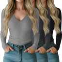 Riyiper 3 Pack Women Long Sleeve Shirts, 95% Cotton V Neck Ribbed Knit Tops Slim Fit Casual Going Out Tee Shirts (L)