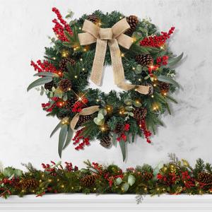 Christmas Lighted Wreath for Front Door, 28 Inches Pre-Lit 35 LED Lights, Natural Pine Cones Artificial Holiday Wreath for Indoor Outdoor Home Decorations (Farmhouse)