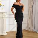 URYIAO Off Shoulder Maxi Dress for Women Ruched Bodycon Formal Wedding Guest Long Dresses (Black, L)