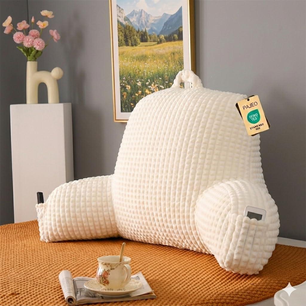 Reading Pillow for Bed,Large Backrest Reading Pillow with Arm Rest,Back Rest Support Cushion for Sit Up on Couch,Sofa,and Floor(White Flannel,Standard(17inch))