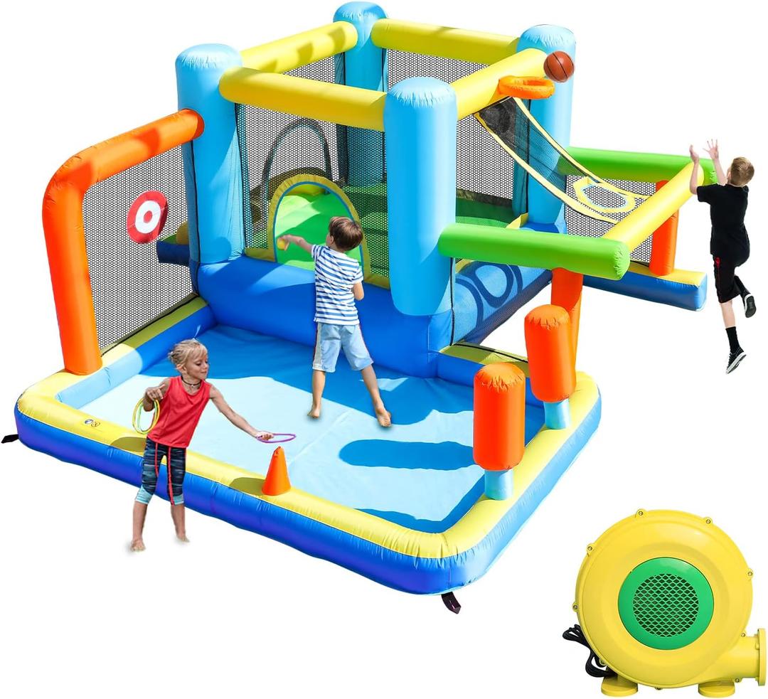 Inflatable Bounce House, Bouncy House, Indoor Bounce House for Kids 3-6, Bouncy Castle with Blower, Outdoor Jump House with Slide for Backyard Party