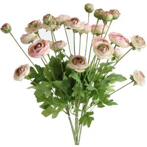 5Pcs Artificial Ranunculus Flower Silk Flowers Persian Buttercup for Home Wedding Decoration Floral Creation Flower Arrangement DIY Project (Pink Green)