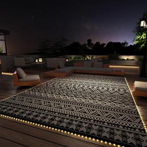 MontVoo-Outdoor Rug Carpet 6x9 ft for Patio RV Camping with Led Strip Lights Waterproof Plastic Straw Rug Reversible Portable Outside Indoor Outdoor Rug Mat for Patio Decor Balcony Picnic-Boho
