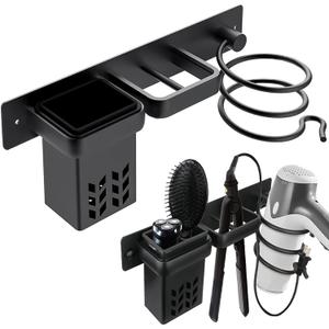 Hair Dryer Holder Wall Mounted, Blow Dryer Rack Holder, Bathroom Bedroom Hair Styling Beauty Care Tools Organizer Storage Basket for Flat Iron, Curling Wand, Hair Straightener (Black)