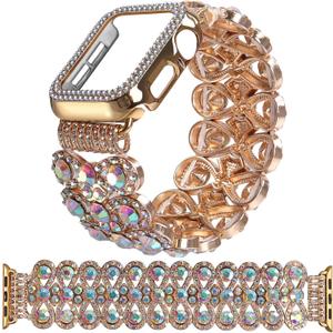 VIQIV Bling Dressy Bracelet with Case Compatible with Apple Watch Bands 38mm 40mm 41mm 42mm 44mm 45mm 49mm for Women Strethy, Stretch Smart Watch Bands for Women, Cute Jewelry Metal Wristband Strap for iWatch Ultra 2/Ultra Series 9/8/7/6/5/4/3/2/1/SE (Gold Colorful)