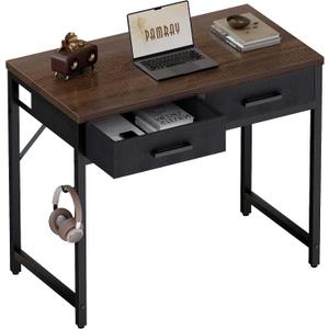 Pamray 32 Inch Small Computer Desk with 2 Drawers for Bedroom Study Writing Home Office Table for Small Spaces Brown