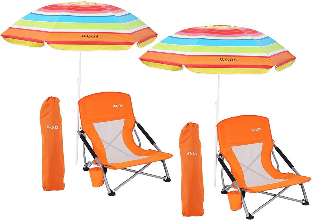 Beach Chair, Low Beach Chairs with Umbrella, Compack Portable Folding Festival Chairs, Chairs with Shade for Adult, with Cup Holder, Carry Bag, Heavy Duty, for Outdoors, BBQ (2-Pack Orange)