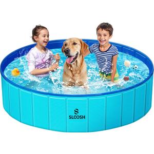 SLOOSH Foldable Dog Kiddie Pool - Portable Hard Plastic Doggie Swimming Pool, Anti-Slip Collapsible Pets Bath Tub Suitable for Kids Indoor Outdoor Backyard Use (Blue, 63" x 12")