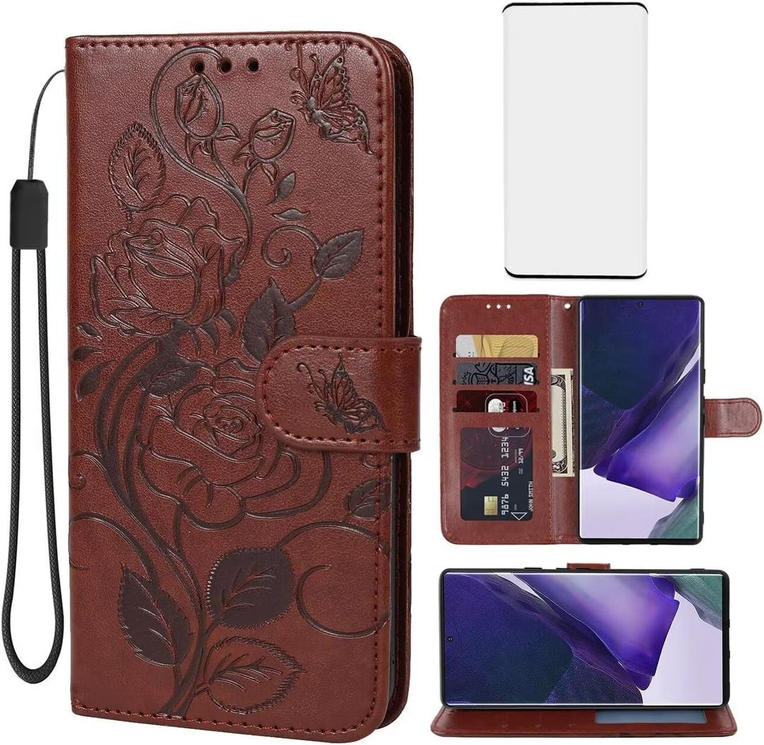 for Galaxy S22 Ultra Case, Samsung S22 Ultra 5G S908U Wallet Case with Tempered Glass Screen Protector, Leather Flip Credit Card Holder Stand Phone Cover for Samsung Galaxy S22 Ultra 5G Brown