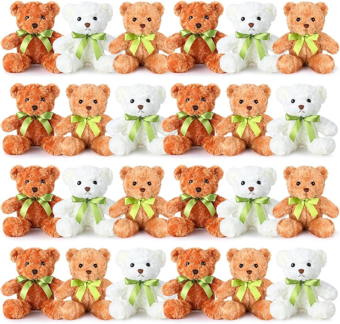Hungdao 24 Pcs Bear Bulk Plush Stuffed Animals 10 Inch Cute Soft Stuffed Bear with Green Bow for Valentine's Day Wedding Baby Shower Birthday Party Gift Christmas(Dark Brown, Light Brown, White)